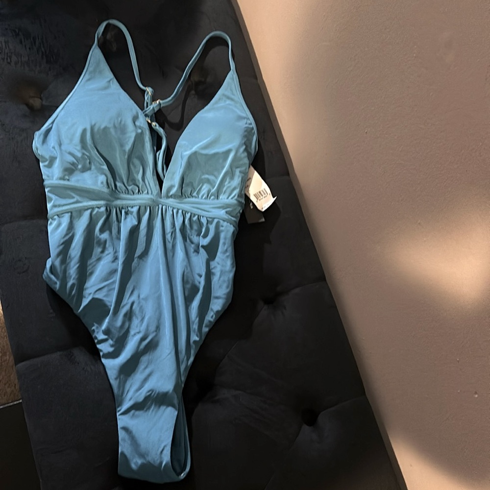 BCBG MAXAZRIA Core Solids Plunge One Piece Swimsuit 10 Teal - Picture 3 of 6
